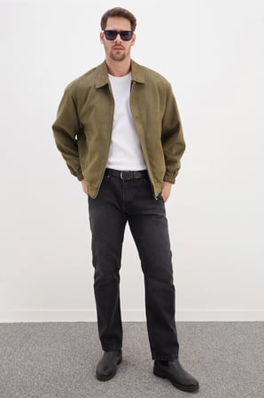 Fermuarlı Polo Yaka Süet Bomber Ceket