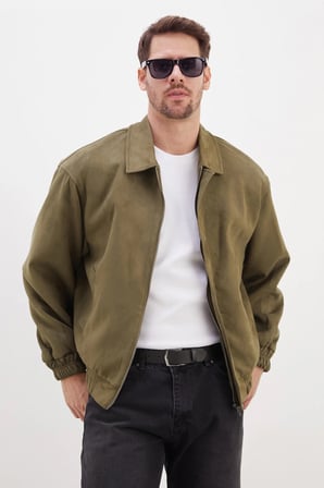 Fermuarlı Polo Yaka Süet Bomber Ceket