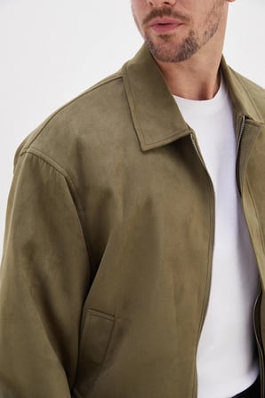 Fermuarlı Polo Yaka Süet Bomber Ceket