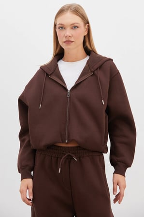 3 İplik Fermuarlı Kapüşonlu Yarasa Kol Crop Sweatshirt