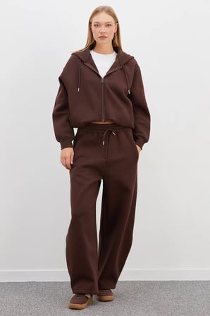3 İplik Fermuarlı Kapüşonlu Yarasa Kol Crop Sweatshirt