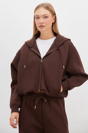 3 İplik Fermuarlı Kapüşonlu Yarasa Kol Crop Sweatshirt