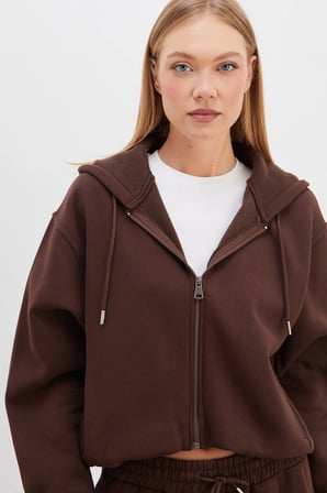 3 İplik Fermuarlı Kapüşonlu Yarasa Kol Crop Sweatshirt