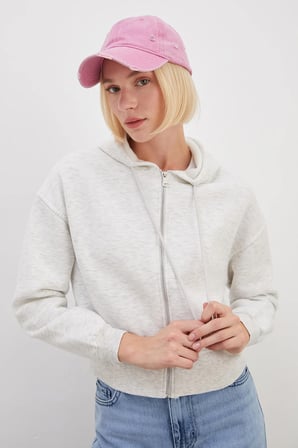 3 İplik Basic Fermuarlı Kapüşonlu Sweatshirt