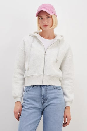 3 İplik Basic Fermuarlı Kapüşonlu Sweatshirt