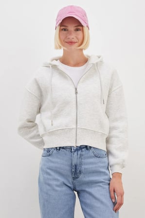 3 İplik Basic Fermuarlı Kapüşonlu Sweatshirt
