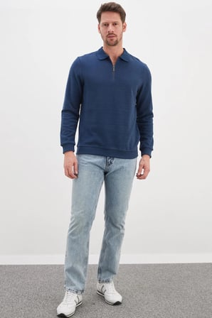 Fitilli Polo Yaka Yarım Fermuarlı Selanik Örme Sweatshirt