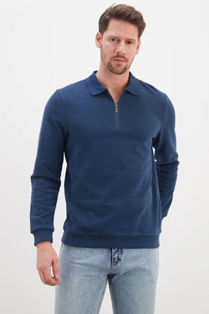 Fitilli Polo Yaka Yarım Fermuarlı Selanik Örme Sweatshirt