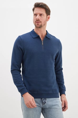 Fitilli Polo Yaka Yarım Fermuarlı Selanik Örme Sweatshirt