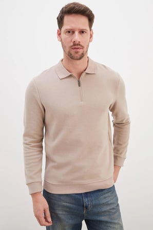 Fitilli Polo Yaka Yarım Fermuarlı Selanik Örme Sweatshirt