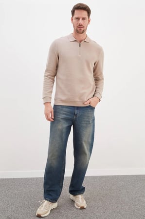 Fitilli Polo Yaka Yarım Fermuarlı Selanik Örme Sweatshirt