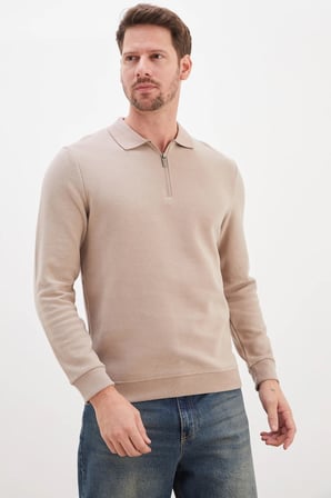 Fitilli Polo Yaka Yarım Fermuarlı Selanik Örme Sweatshirt