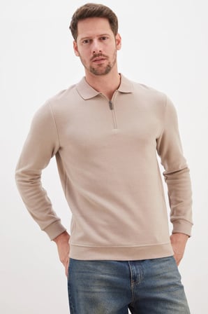 Fitilli Polo Yaka Yarım Fermuarlı Selanik Örme Sweatshirt