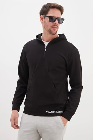 Yarım Fermuarlı Yazı Baskılı Kapüşonlu Sweatshirt