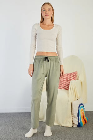 Fiyonklu Beli Lastikli Kadife Pijama Altı