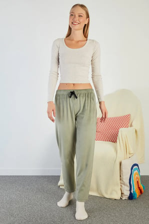 Fiyonklu Beli Lastikli Kadife Pijama Altı