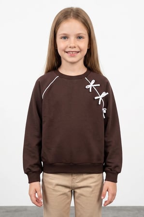 Fiyonk Nakışlı Biyeli Bisiklet Yaka Kız Çocuk Sweatshirt