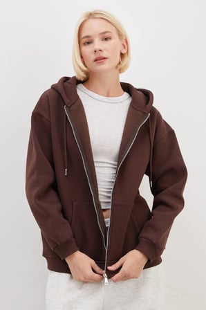 3 İplik Basic Fermuarlı Kapüşonlu Oversize Sweatshirt