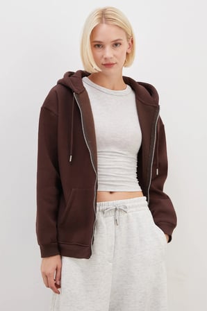 3 İplik Basic Fermuarlı Kapüşonlu Oversize Sweatshirt