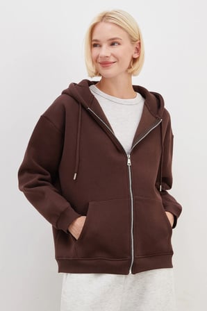 3 İplik Basic Fermuarlı Kapüşonlu Oversize Sweatshirt