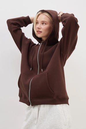3 İplik Basic Fermuarlı Kapüşonlu Oversize Sweatshirt