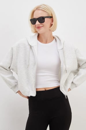 3 İplik Fermuarlı Kapüşonlu Yarasa Kol Crop Sweatshirt