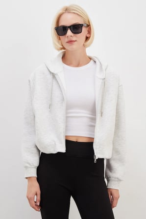 3 İplik Fermuarlı Kapüşonlu Yarasa Kol Crop Sweatshirt