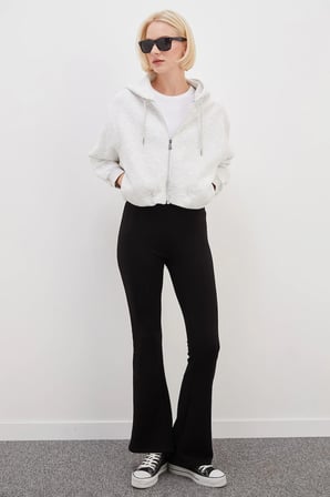 3 İplik Fermuarlı Kapüşonlu Yarasa Kol Crop Sweatshirt