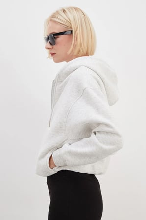3 İplik Fermuarlı Kapüşonlu Yarasa Kol Crop Sweatshirt