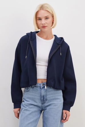 3 İplik Fermuarlı Kapüşonlu Yarasa Kol Crop Sweatshirt