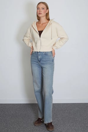 3 İplik Basic Fermuarlı Kapüşonlu Sweatshirt