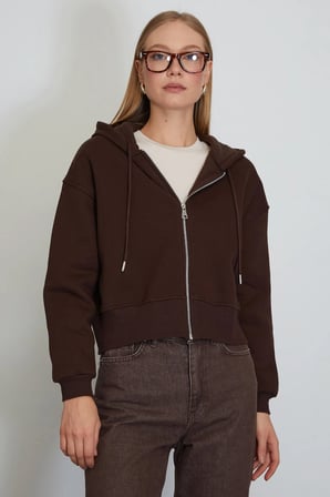 3 İplik Basic Fermuarlı Kapüşonlu Sweatshirt