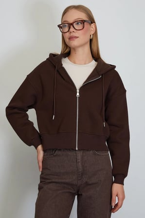 3 İplik Basic Fermuarlı Kapüşonlu Sweatshirt