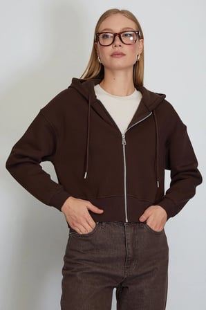 3 İplik Basic Fermuarlı Kapüşonlu Sweatshirt