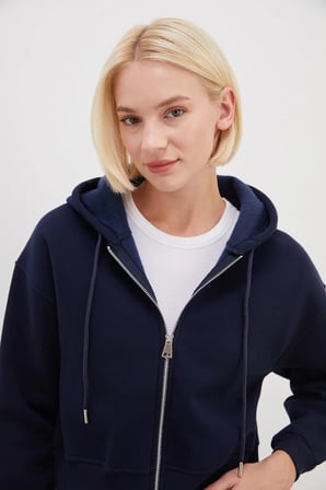 3 İplik Basic Fermuarlı Kapüşonlu Sweatshirt