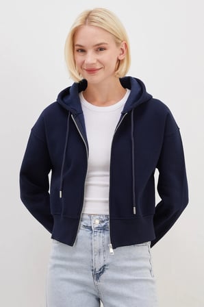 3 İplik Basic Fermuarlı Kapüşonlu Sweatshirt