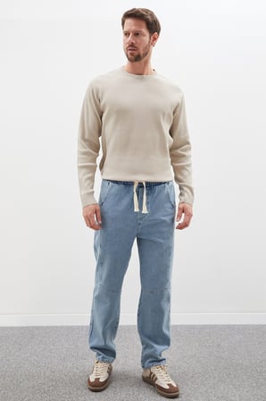 Nervürlü Beli Bağlamalı Mom Jean
