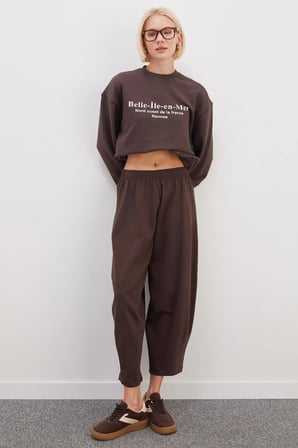 3 İplik Şardonsuz Yazı Baskılı Kolu Çimalı Oversize Sweatshirt