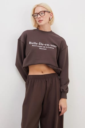 3 İplik Şardonsuz Yazı Baskılı Kolu Çimalı Oversize Sweatshirt