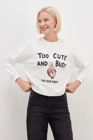 3 İplik Şardonsuz Tavşan Baskılı Oversize Sweatshirt