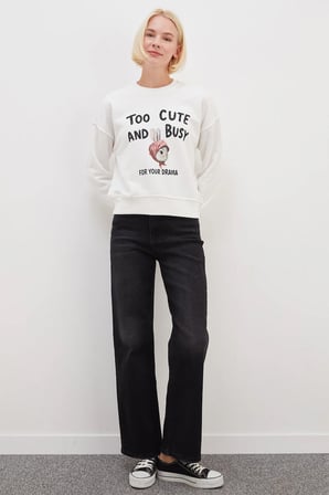 3 İplik Şardonsuz Tavşan Baskılı Oversize Sweatshirt