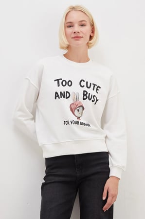 3 İplik Şardonsuz Tavşan Baskılı Oversize Sweatshirt