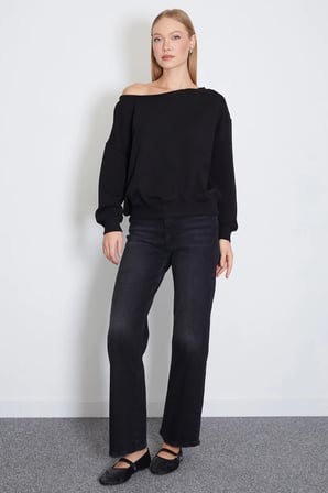 3 İplik Şardonsuz Kayık Yaka Oversize Sweatshirt