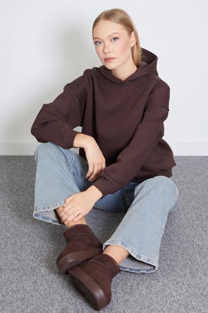 3 İplik Nervürlü Kapüşonlu Oversize Sweatshirt