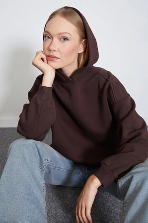 3 İplik Nervürlü Kapüşonlu Oversize Sweatshirt