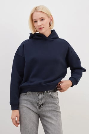 3 İplik Nervürlü Kapüşonlu Oversize Sweatshirt