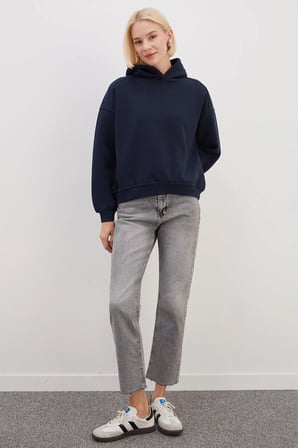 3 İplik Nervürlü Kapüşonlu Oversize Sweatshirt