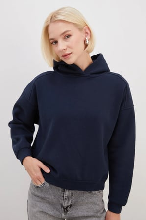 3 İplik Nervürlü Kapüşonlu Oversize Sweatshirt