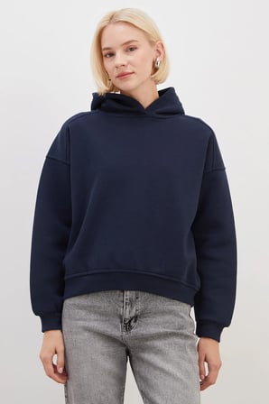 3 İplik Nervürlü Kapüşonlu Oversize Sweatshirt