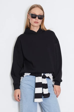 3 İplik Nervürlü Kapüşonlu Oversize Sweatshirt